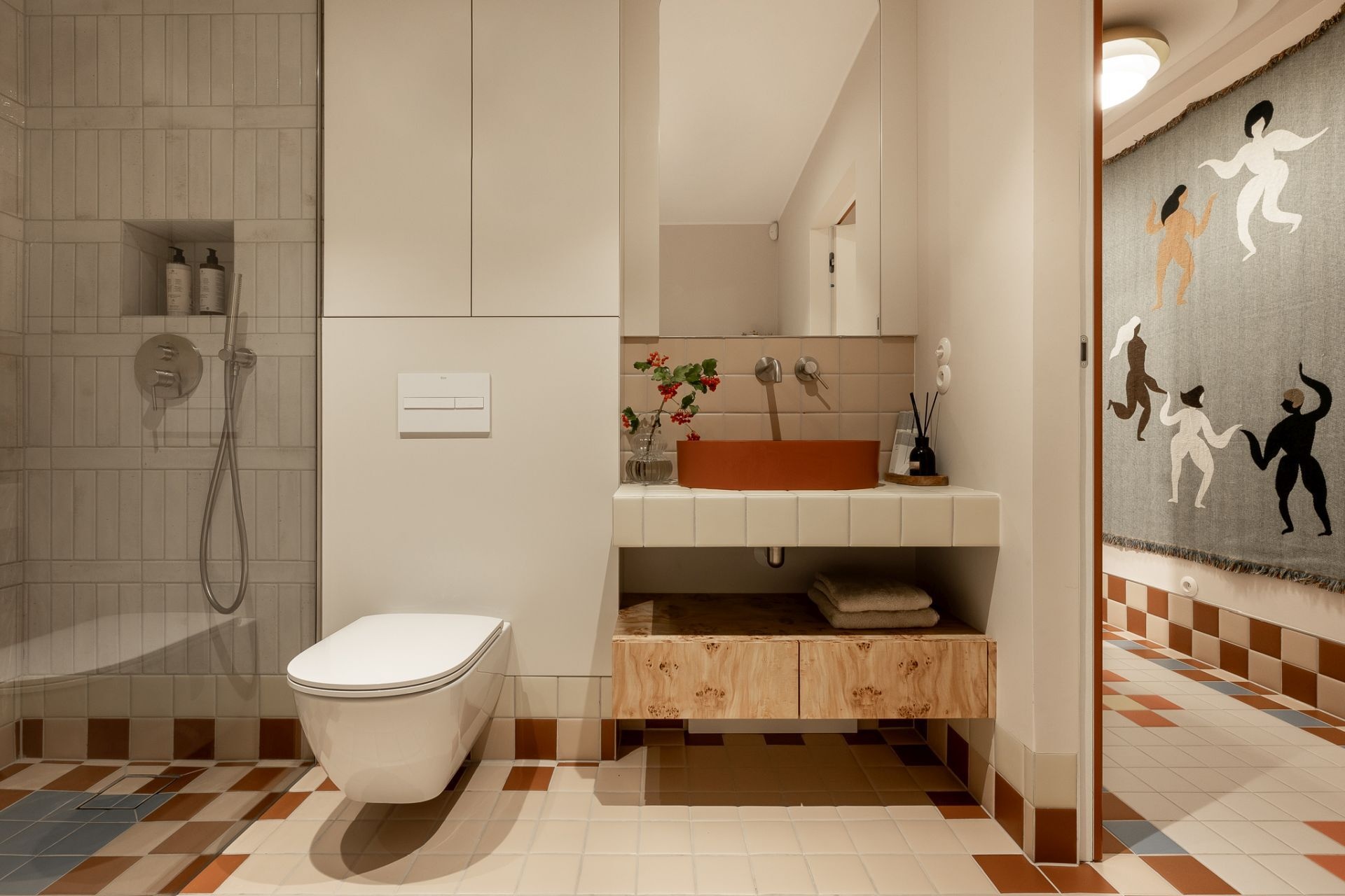 Contemporary bathroom and sauna inspiration featuring a large white bathtub, timber-lined private sauna, glass shower, terracotta vessel sink, and custom wood bathroom cabinetry.