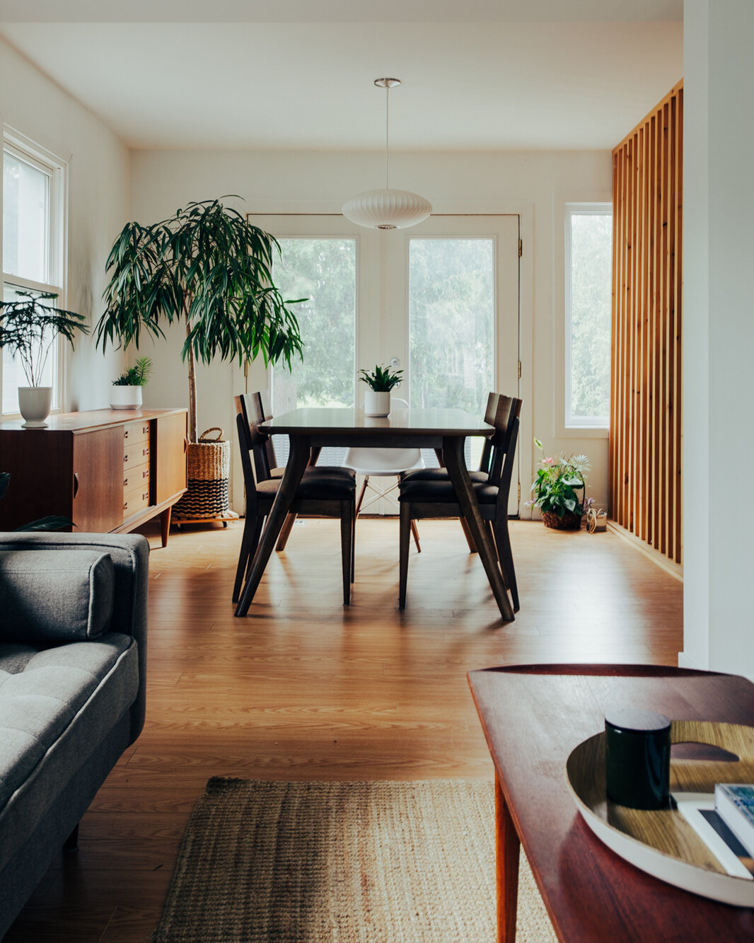 Tour an open-plan living and dining room with warm wood floors, mid-century furniture, white walls, indoor plants, and a simple layout designed for a compact family home.