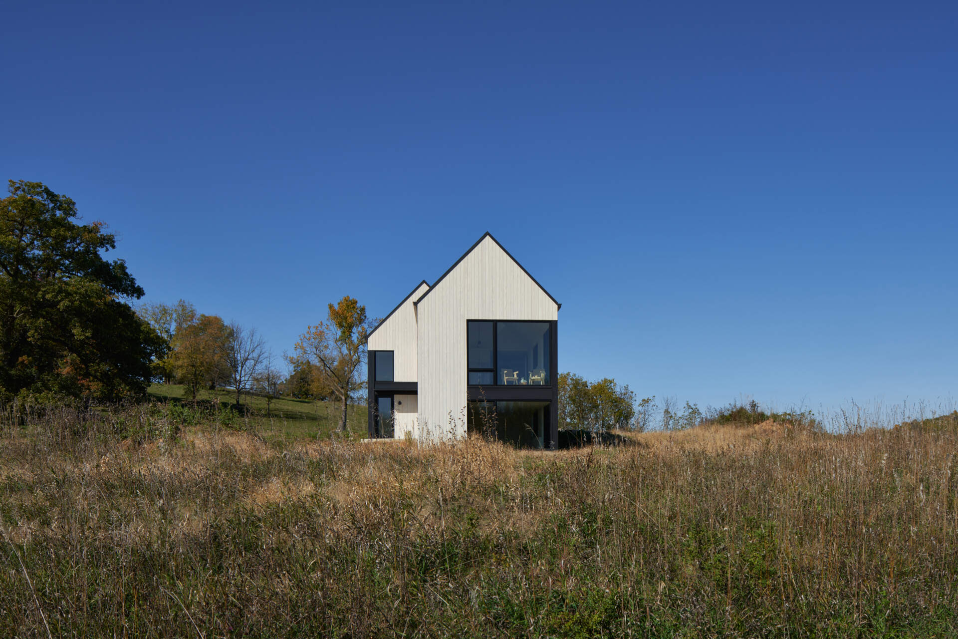 A contemporary rural cabin with white wood siding, overlapping gabled roofs, and expansive black-framed windows across two levels. Tall meadow grasses surround the house, with woodland and gentle hills in the distance.
