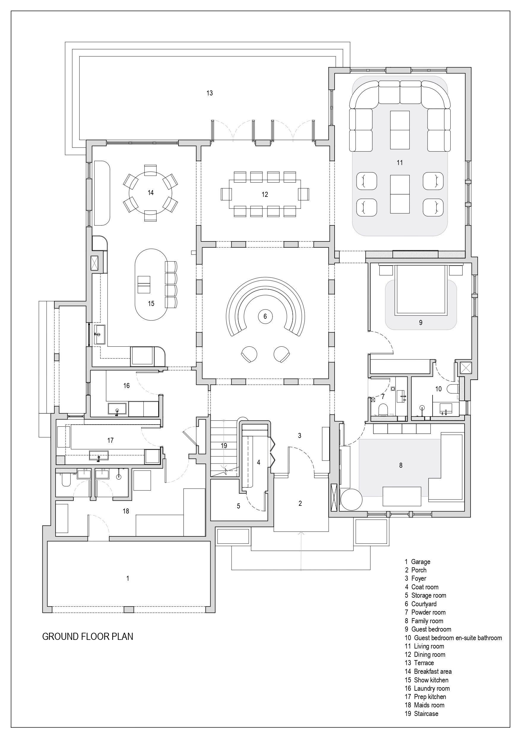 Explore the floor plans of The White Arcade, a 675-square-metre villa renovation in Dubai by D’Ora Tokai Designs. The layouts reveal a central double-height courtyard, multiple living and dining areas, custom kitchens, spacious bedrooms, walk-in wardrobes, and private balconies.
