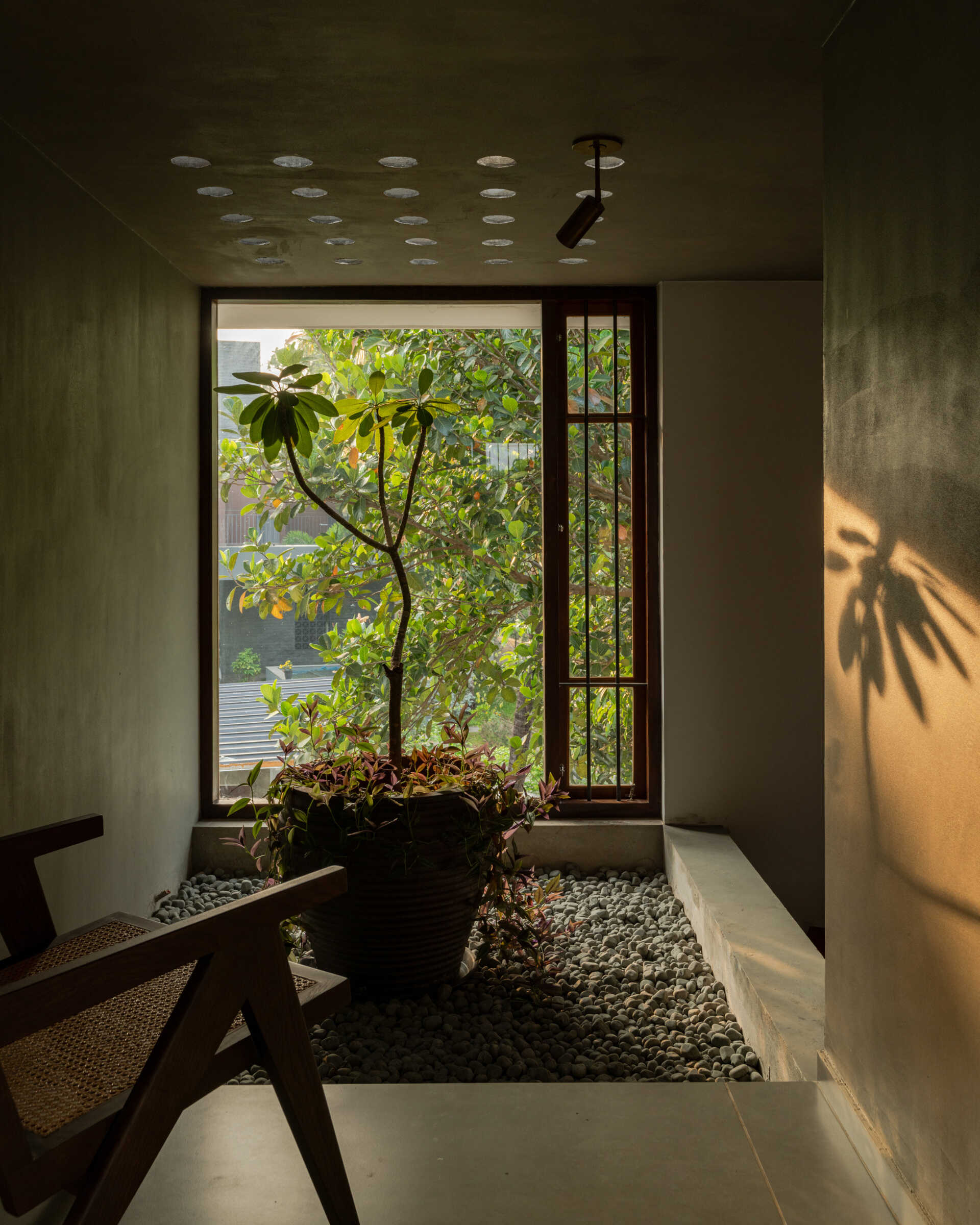 A small indoor courtyard in a Kerala home features a potted tree, pebble-covered floor, natural ventilation, and sunlight creating beautiful shadows on the walls.