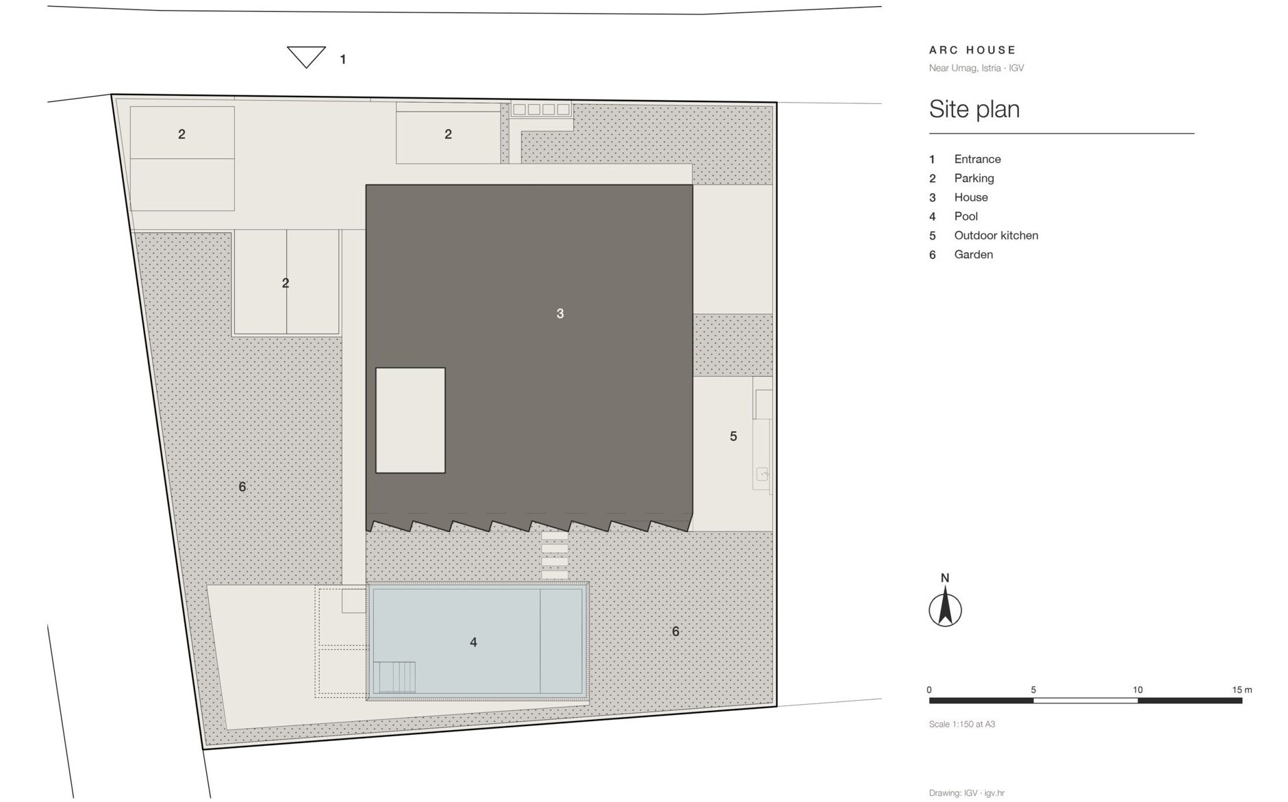 Explore the architectural drawings of Arc House near Umag, Croatia, by Ivan Gavran Vlahovic. View the site plan, ground-floor layout, first-floor bedroom suites and roof plan of this modern two-storey Mediterranean villa.