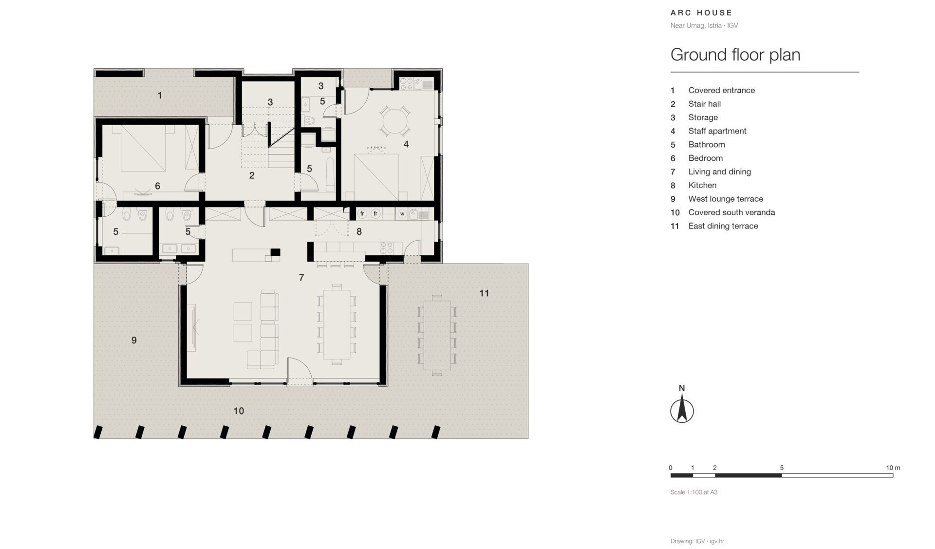 Explore the architectural drawings of Arc House near Umag, Croatia, by Ivan Gavran Vlahovic. View the site plan, ground-floor layout, first-floor bedroom suites and roof plan of this modern two-storey Mediterranean villa.