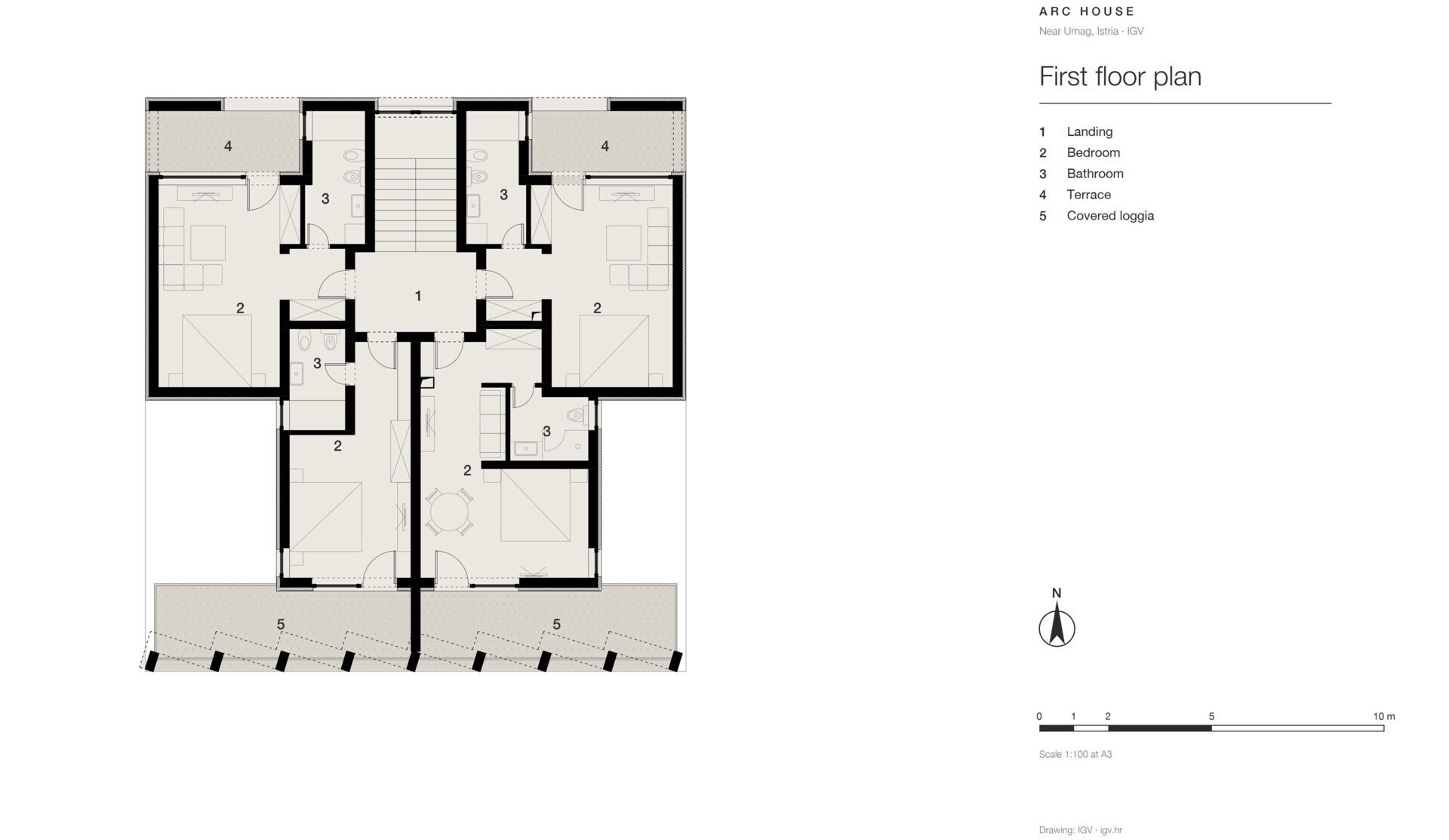 Explore the architectural drawings of Arc House near Umag, Croatia, by Ivan Gavran Vlahovic. View the site plan, ground-floor layout, first-floor bedroom suites and roof plan of this modern two-storey Mediterranean villa.