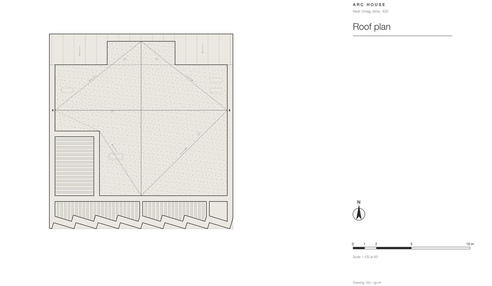 Explore the architectural drawings of Arc House near Umag, Croatia, by Ivan Gavran Vlahovic. View the site plan, ground-floor layout, first-floor bedroom suites and roof plan of this modern two-storey Mediterranean villa.