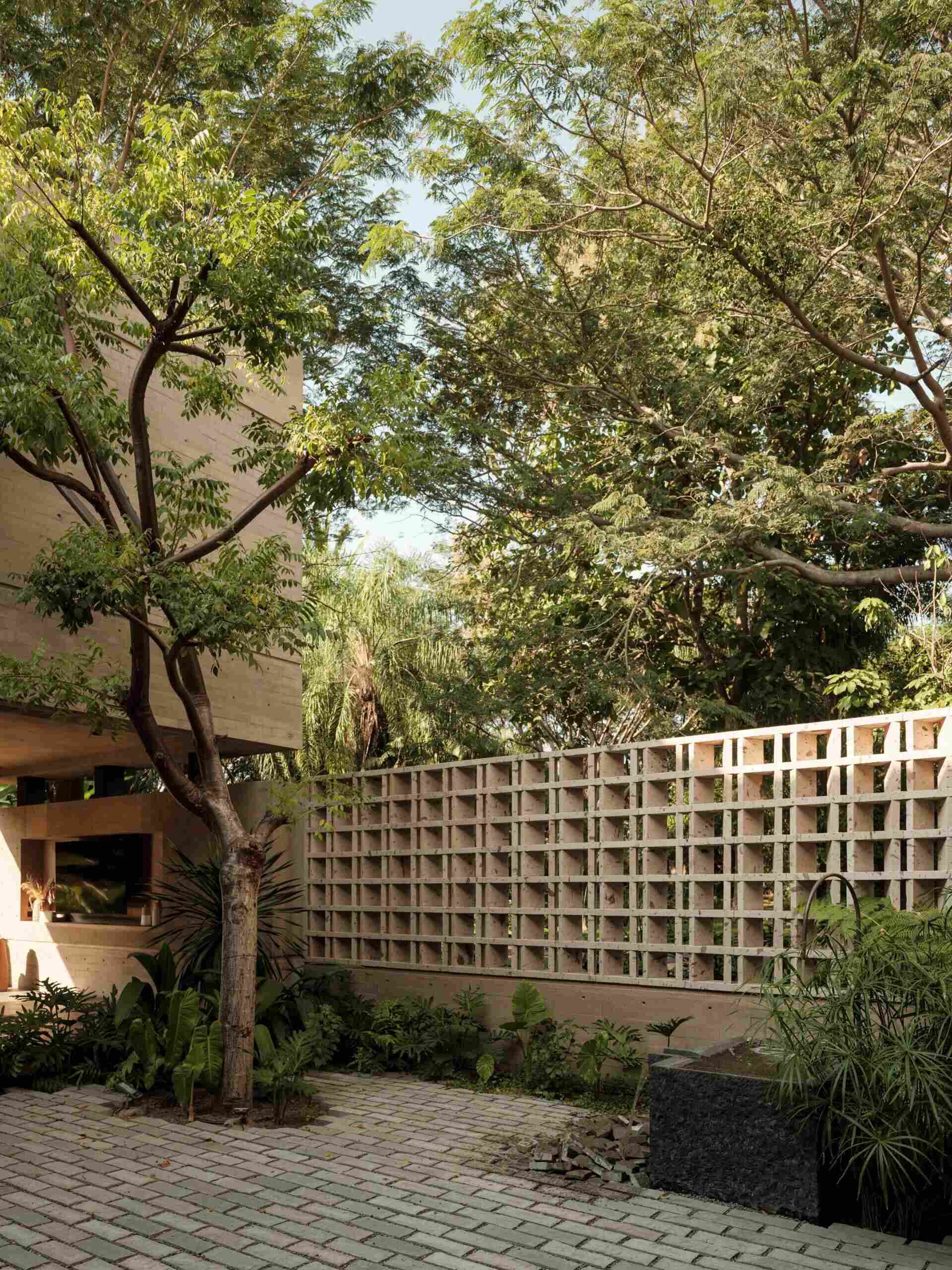 Explore a modern courtyard at Casa Akina in Mexico, featuring mature trees, tropical landscaping, stone paving, a minimalist water feature, geometric breeze-block walls, and a shaded hammock area.