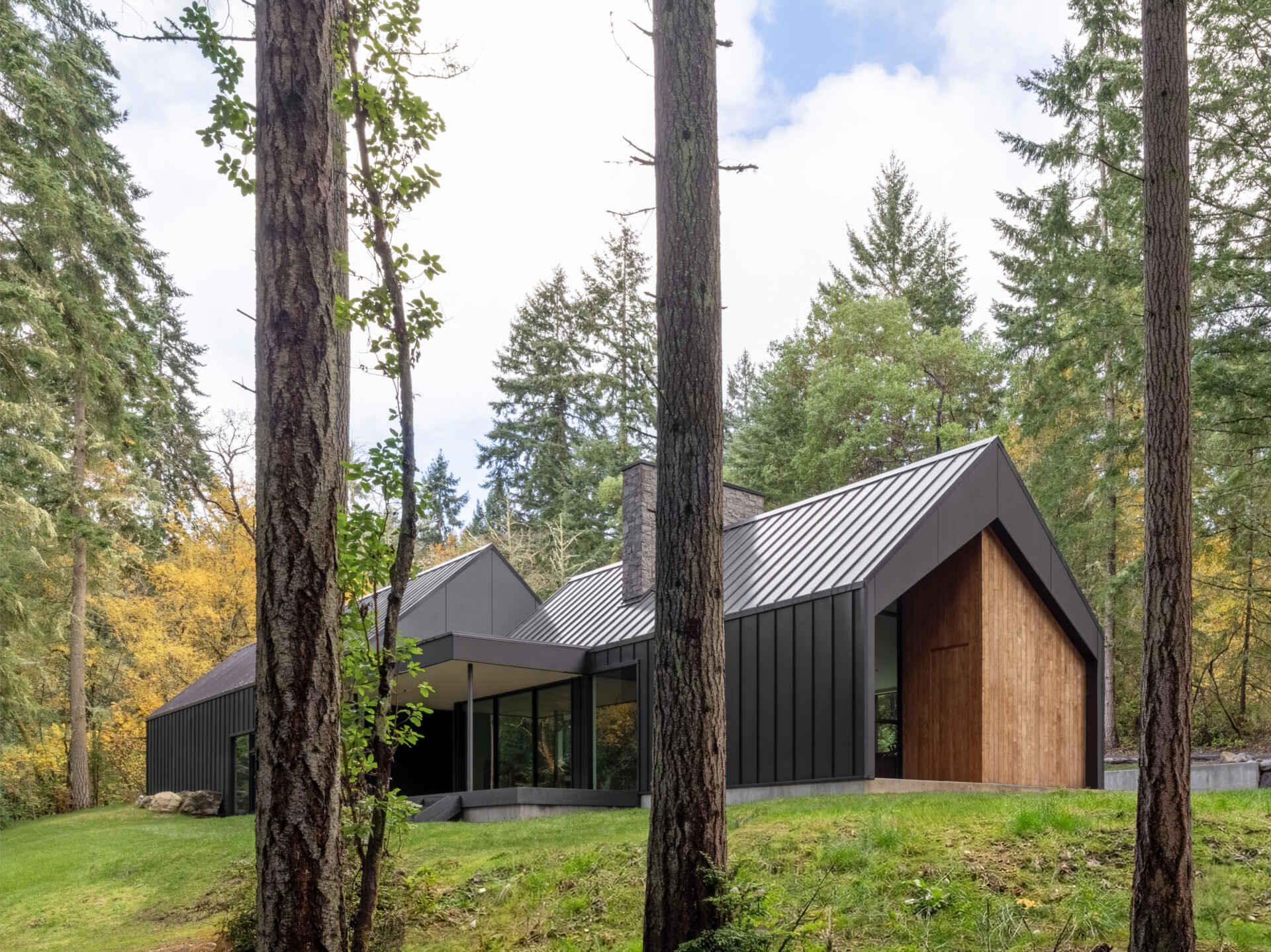 This modern gabled house on Vashon Island features black standing-seam metal, recessed timber walls, floor-to-ceiling glass, and a narrow footprint designed to preserve the surrounding forest.
