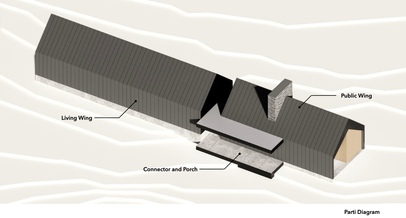 Explore the architectural floor plans and site drawings of Specht Novak's Vashon Island House, showing its two gabled wings, connecting hallway, forest setting, and efficient interior layout.