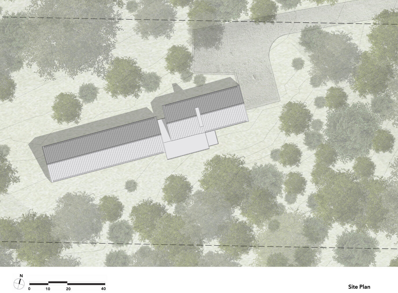 Explore the architectural floor plans and site drawings of Specht Novak's Vashon Island House, showing its two gabled wings, connecting hallway, forest setting, and efficient interior layout.