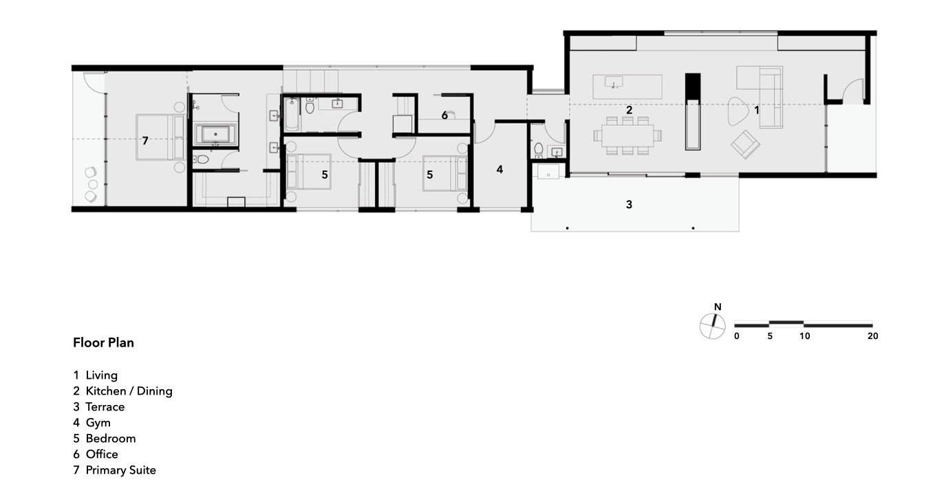 Explore the architectural floor plans and site drawings of Specht Novak's Vashon Island House, showing its two gabled wings, connecting hallway, forest setting, and efficient interior layout.