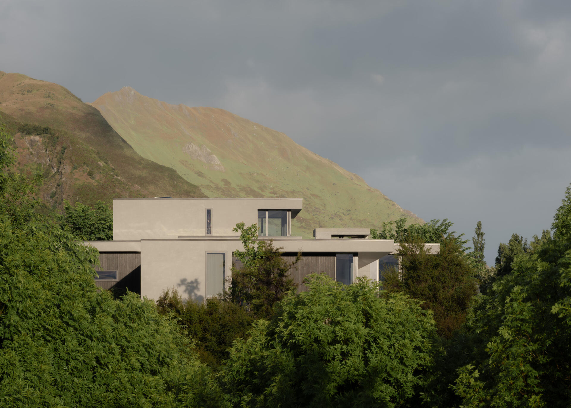 Explore a contemporary hillside house in W?naka featuring stepped architecture, floating concrete terraces, floor-to-ceiling windows, mountain views, and landscaped gardens with sculptural artworks.