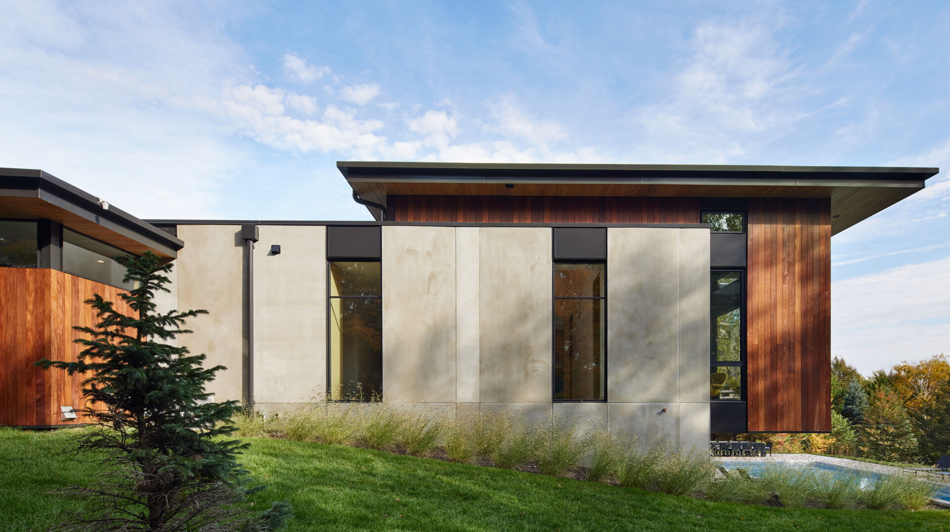 A contemporary house exterior combining large concrete wall panels with vertical ironwood siding, narrow black-framed windows, and wide flat roof overhangs. The home sits beside a sloping lawn and mature trees.