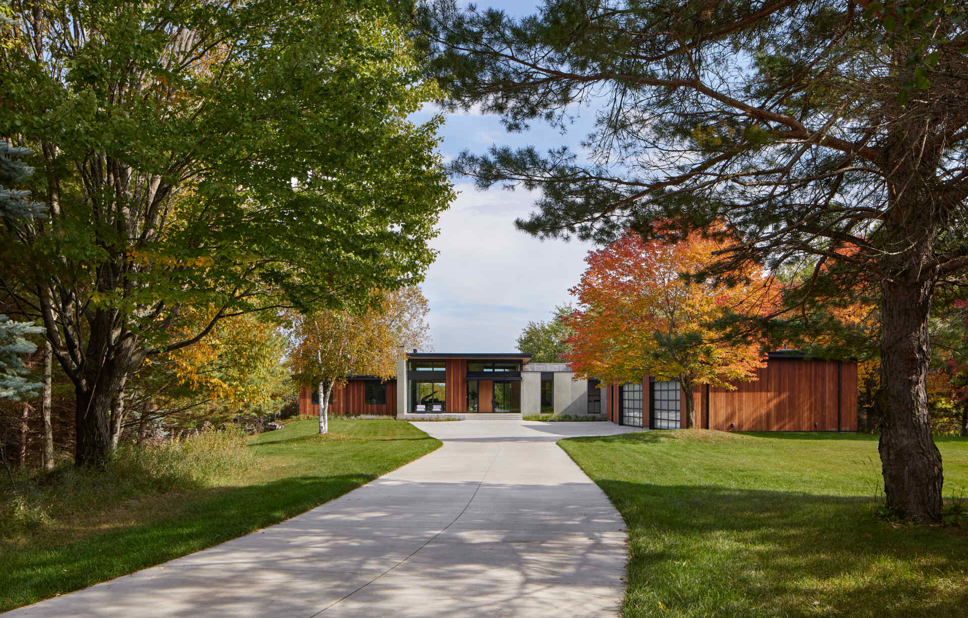 A long driveway leads through mature trees to a modern Minnesota home with flat roofs, ironwood siding, concrete panels, and large windows. Autumn foliage surrounds the contemporary house.