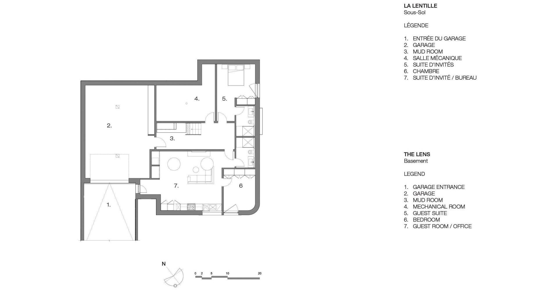 Explore the architectural floor plans of The Lens by MU Architecture in Montreal, Canada. Discover how the modern family home arranges its basement garage, open-plan living spaces, bedrooms, home offices, and outdoor terraces across multiple levels.