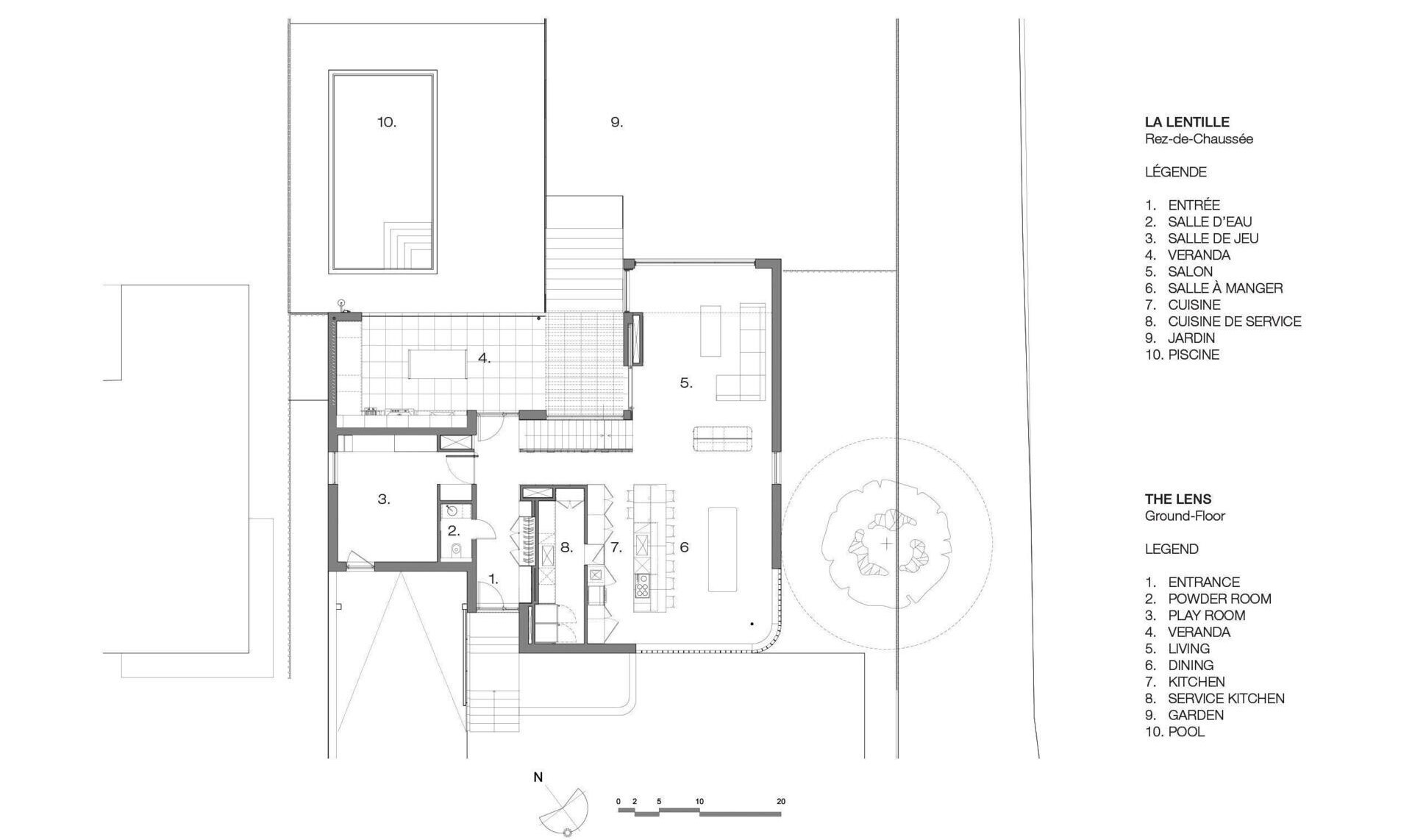 Explore the architectural floor plans of The Lens by MU Architecture in Montreal, Canada. Discover how the modern family home arranges its basement garage, open-plan living spaces, bedrooms, home offices, and outdoor terraces across multiple levels.