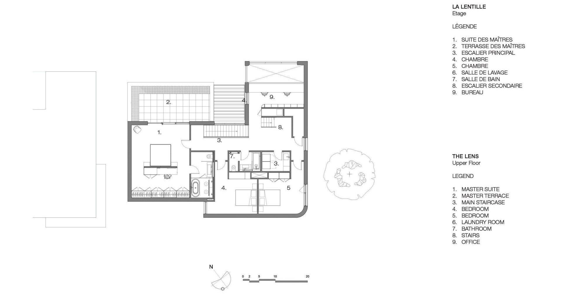 Explore the architectural floor plans of The Lens by MU Architecture in Montreal, Canada. Discover how the modern family home arranges its basement garage, open-plan living spaces, bedrooms, home offices, and outdoor terraces across multiple levels.