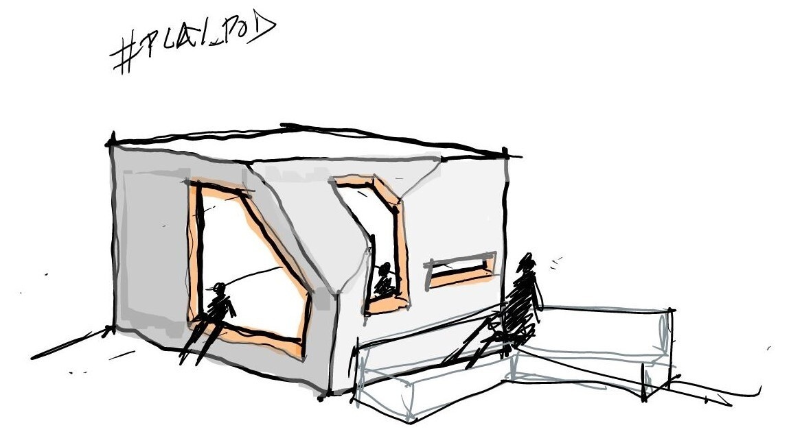 A creative children's playhouse built inside an Ottawa basement features dark reclaimed wood, bright orange windows, plywood interiors, and built-in toy storage. Designed by 25:8 Architecture + Urban Design, the miniature house creates a fun play area beside the family living room.