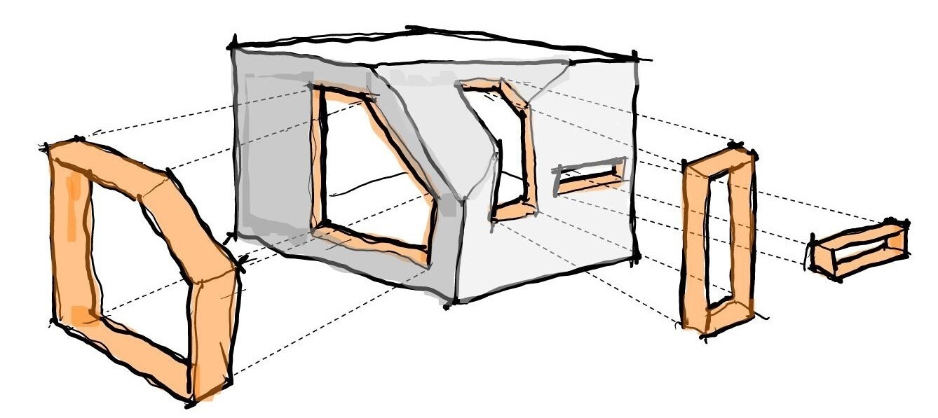 A creative children's playhouse built inside an Ottawa basement features dark reclaimed wood, bright orange windows, plywood interiors, and built-in toy storage. Designed by 25:8 Architecture + Urban Design, the miniature house creates a fun play area beside the family living room.