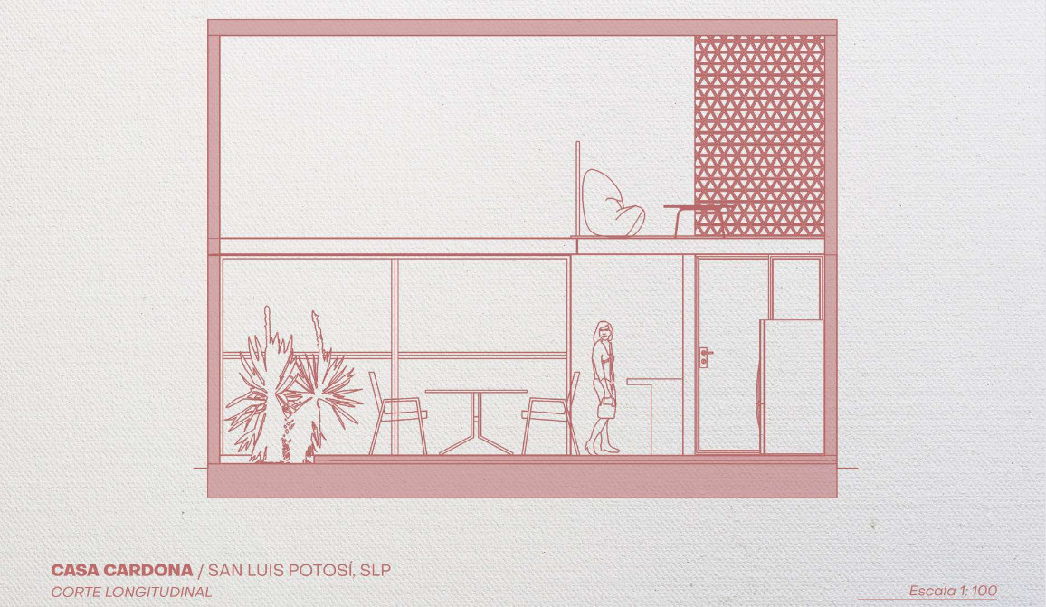 Explore the architectural floor plans, elevations, and sections of Casa Cardona, a 165-square-meter modern pink house in Mexico featuring two levels, a mezzanine, and a private courtyard.