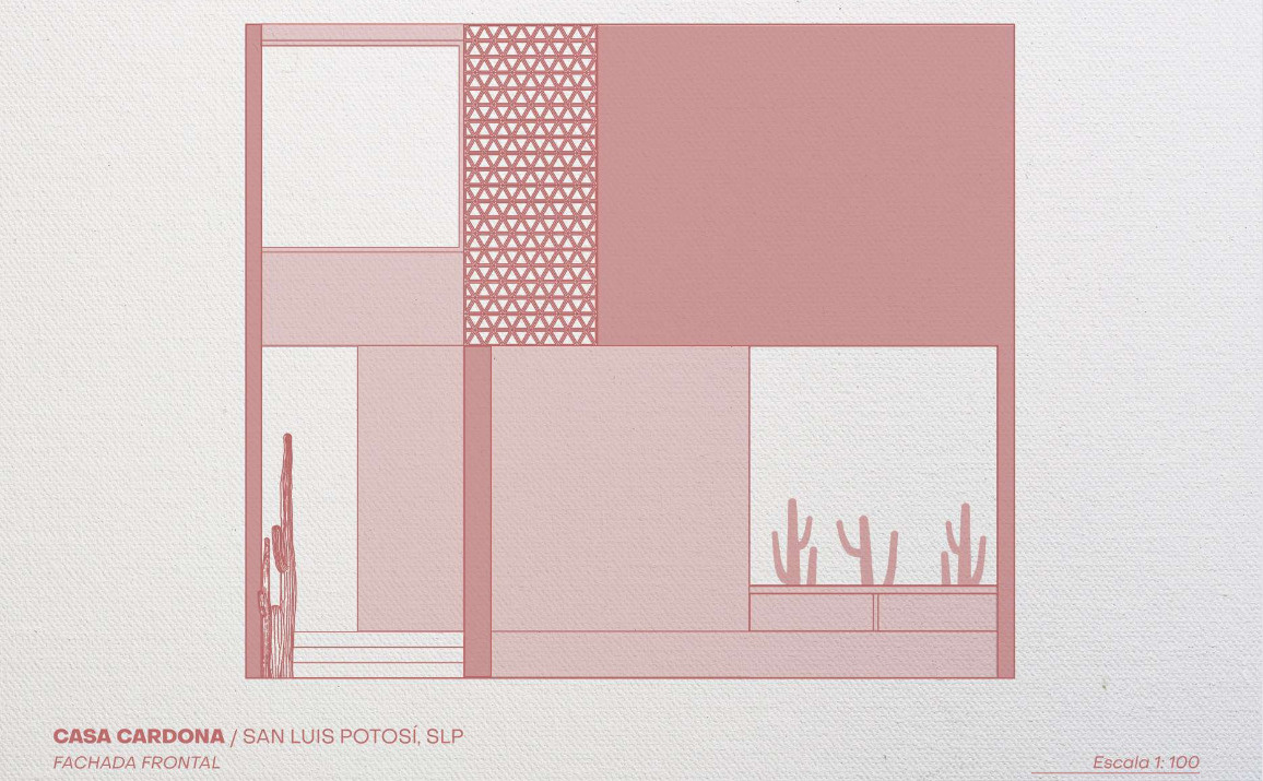 Explore the architectural floor plans, elevations, and sections of Casa Cardona, a 165-square-meter modern pink house in Mexico featuring two levels, a mezzanine, and a private courtyard.