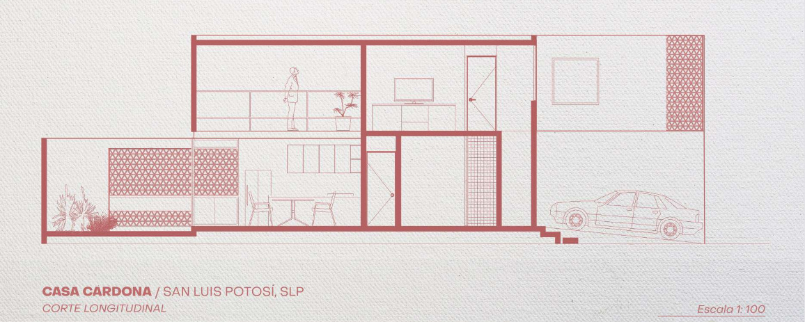 Explore the architectural floor plans, elevations, and sections of Casa Cardona, a 165-square-meter modern pink house in Mexico featuring two levels, a mezzanine, and a private courtyard.