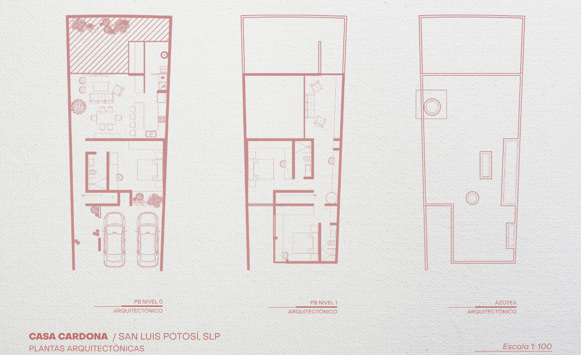 Explore the architectural floor plans, elevations, and sections of Casa Cardona, a 165-square-meter modern pink house in Mexico featuring two levels, a mezzanine, and a private courtyard.