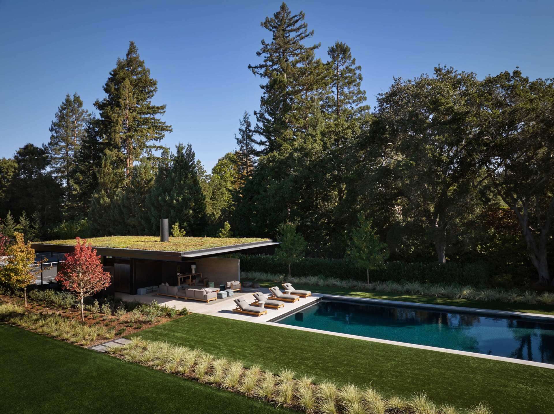 Explore a modern swimming pool and pool house at this California home by Olson Kundig. A long rectangular pool, contemporary sun loungers, landscaped lawn, mature trees, and a pavilion with a green roof create an impressive outdoor leisure area.