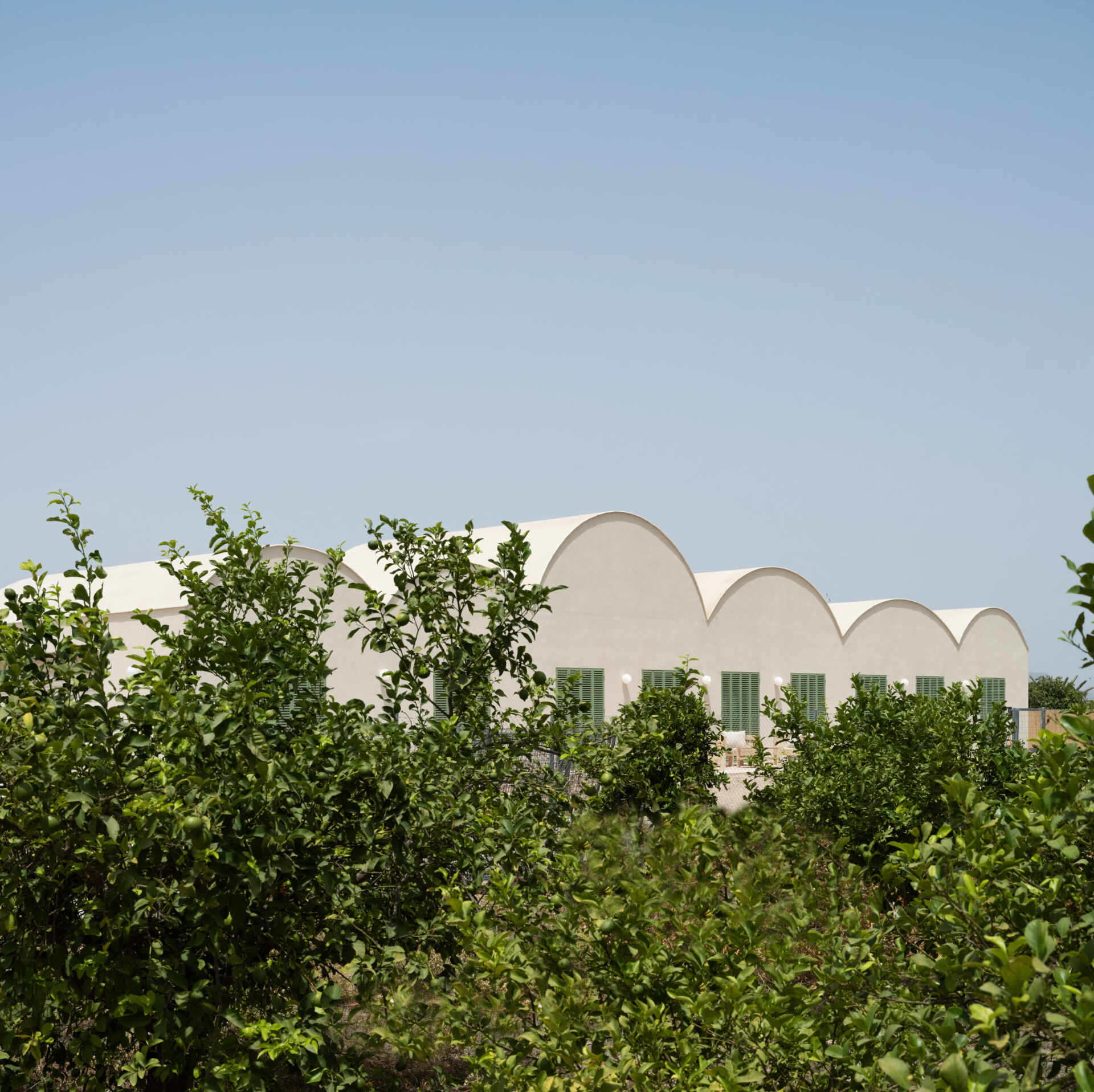 Curved Catalan vaulted roofs, a pale cork exterior, and green Mediterranean shutters give this contemporary home its unique character.