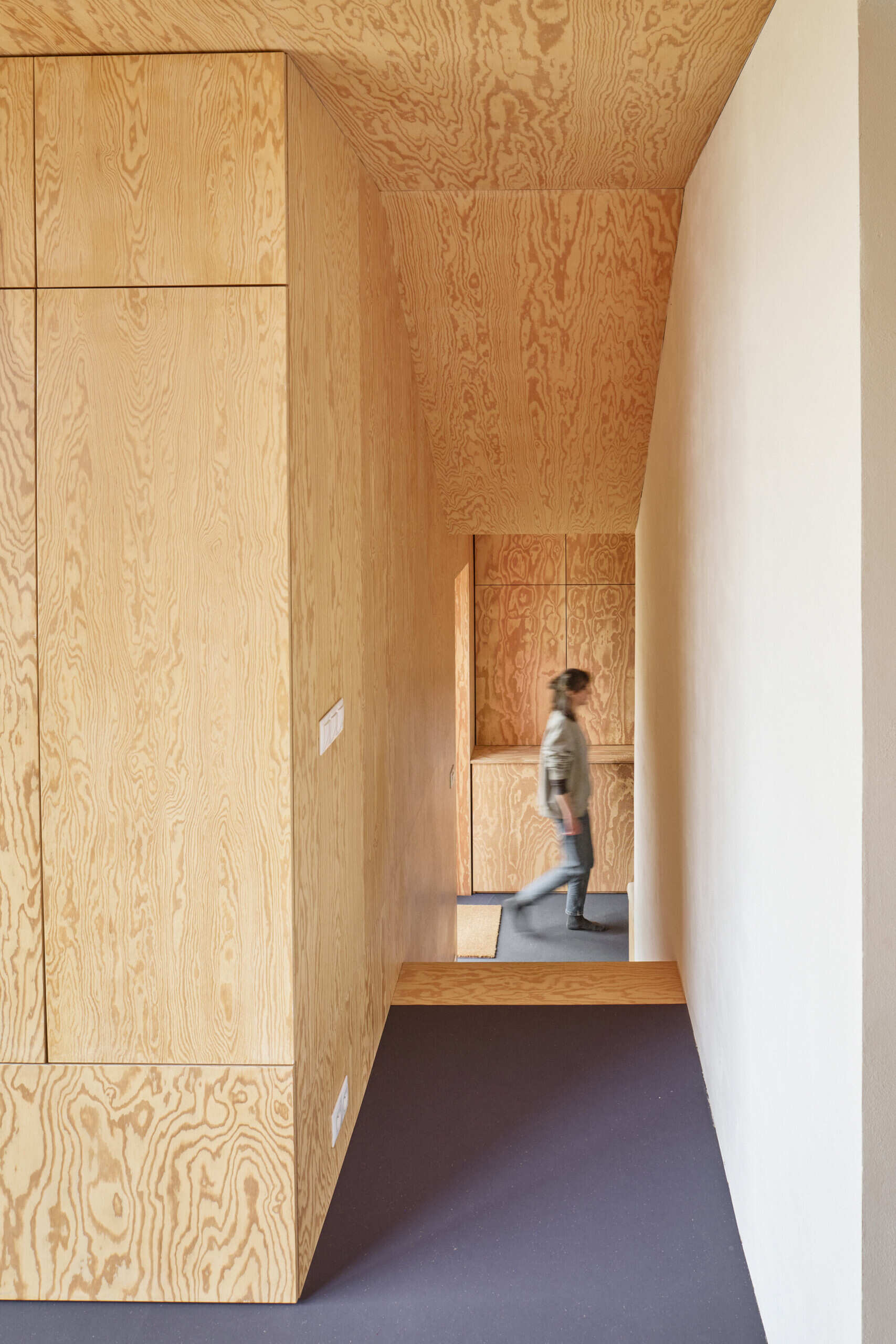 Inside the extension by Facha architekti, pine plywood wraps the entryway and hallway, with built-in storage and custom furniture helping make the most of the compact family home in Ne?ín, Czech Republic.