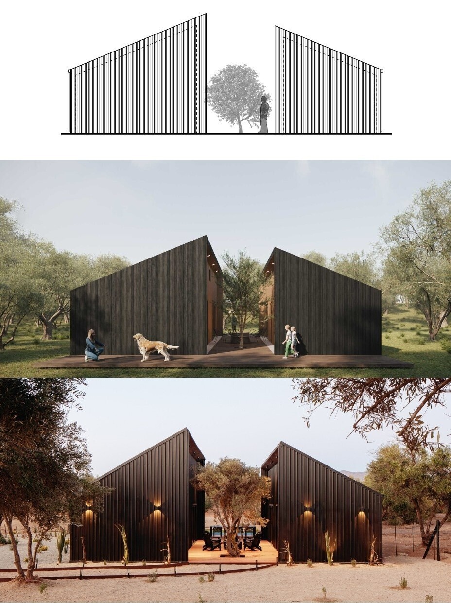Explore the architectural drawings and floor plans of Serentha Cabin by ORTO STUDIO in Baja California, Mexico. Site plans, elevations, building sections, and ventilation diagrams reveal the layout of this minimalist two-volume cabin and its climate-responsive design.