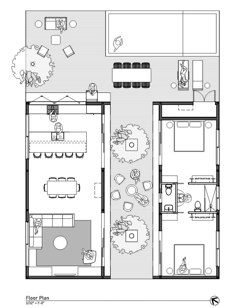 Explore the architectural drawings and floor plans of Serentha Cabin by ORTO STUDIO in Baja California, Mexico. Site plans, elevations, building sections, and ventilation diagrams reveal the layout of this minimalist two-volume cabin and its climate-responsive design.