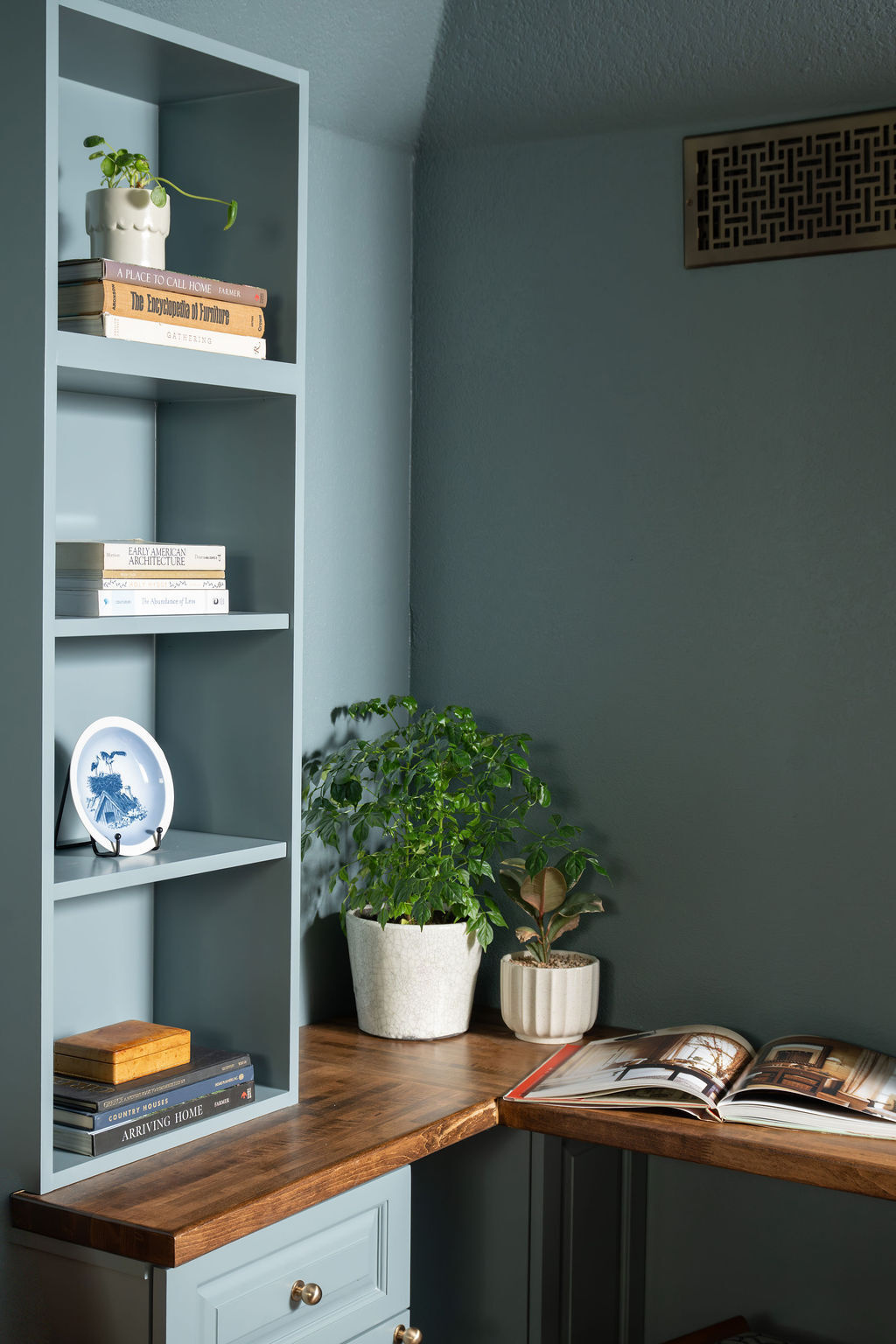 Blue-green walls, matching bookshelves, and a painted ceiling create a coordinated home office interior. Warm wood desktops meet at the corner, with potted plants, books, and a blue-and-white decorative plate displayed on the shelves.