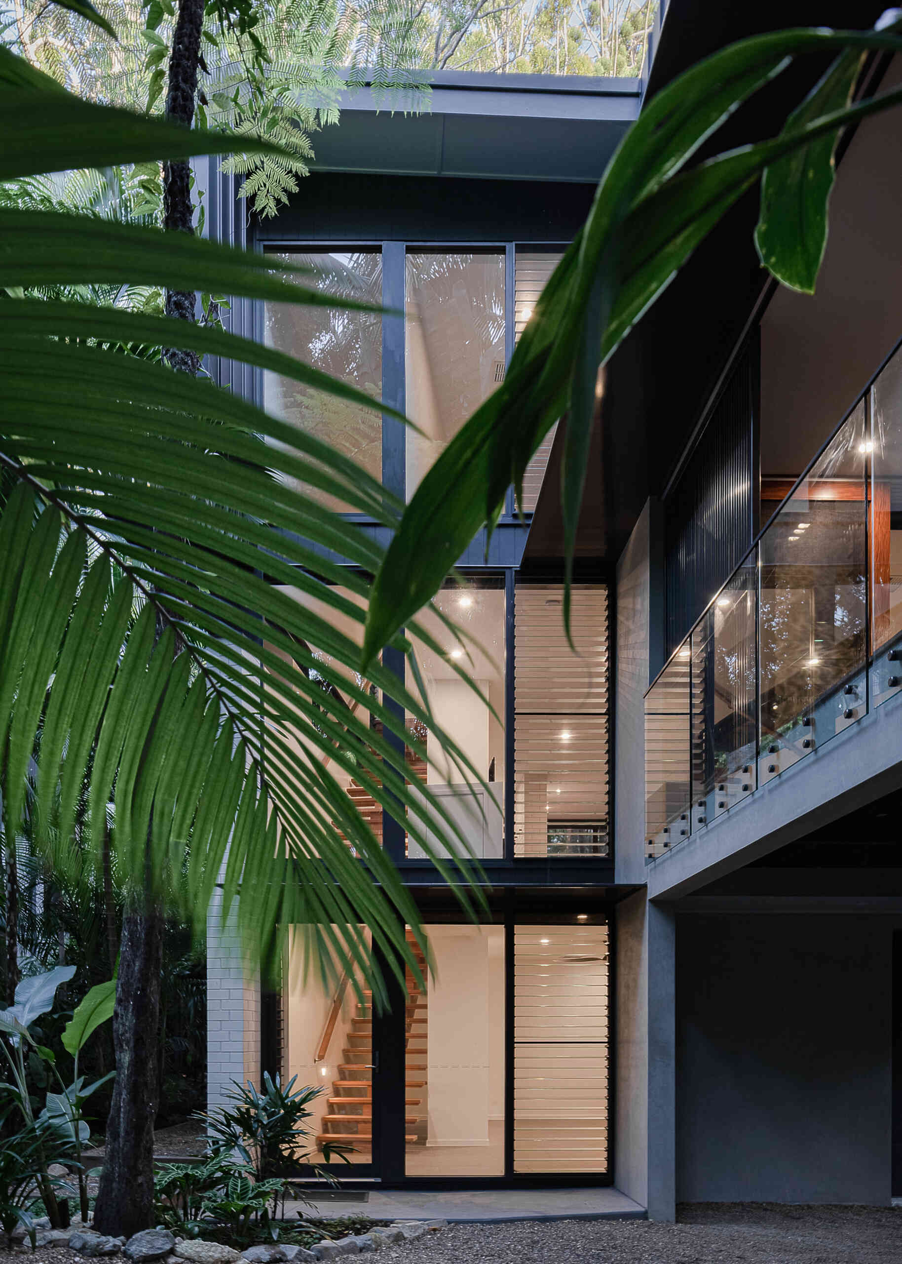 Explore the windows and staircase at Raintree in Noosa Heads, Australia, designed by Void Building Design. Floor-to-ceiling glazing, timber stairs, glass balustrades, and tropical forest views create a bright, modern interior.